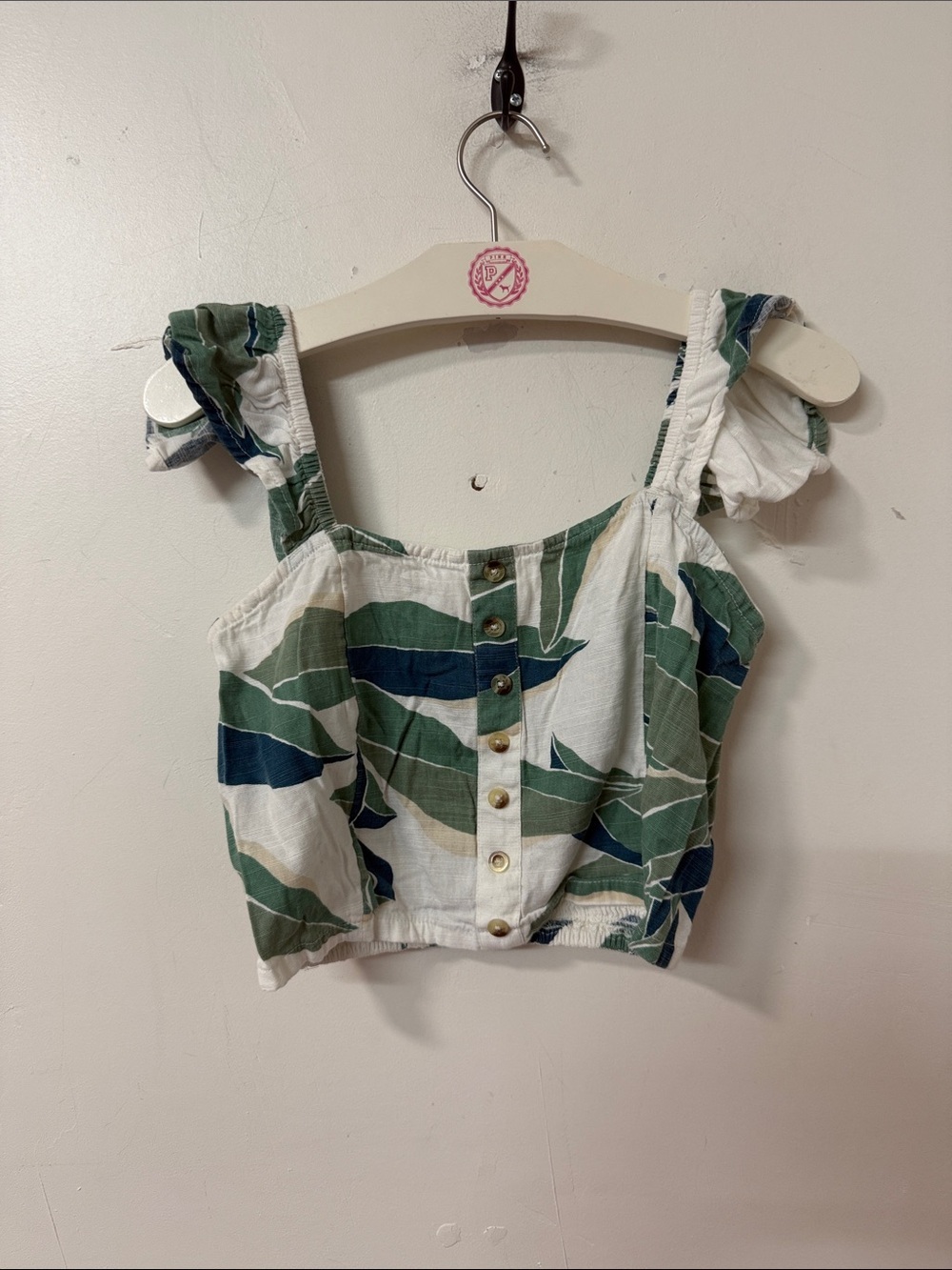 Women's Green & White Button-Front Crop Top